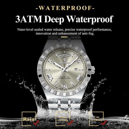 POEDAGAR Luxury Business Man Watch Week Date Waterproof Luminous Watches For Men Stainless Steel Quartz Fashion Men's Wristwatch