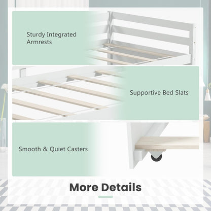 Twin Daybed with Trundle White, Wood Trundle Bed with Wood Slat Support, Mid Century Day Bed Frame for Living Room Guest