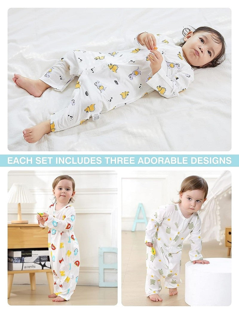 MICHLEY 3pcs Baby Short-Sleeve Rompers Long-Sleeve Jumpsuit Bodysuit Soft White Cartoon Infant Clothes Overalls  For Boys Girls