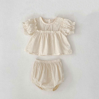 Girls Summer Fashion Set Children's Embroidered Grid Puff Sleeve Top+Shorts Two Piece Cute Baby Girls Clothes Set Baby Clothes
