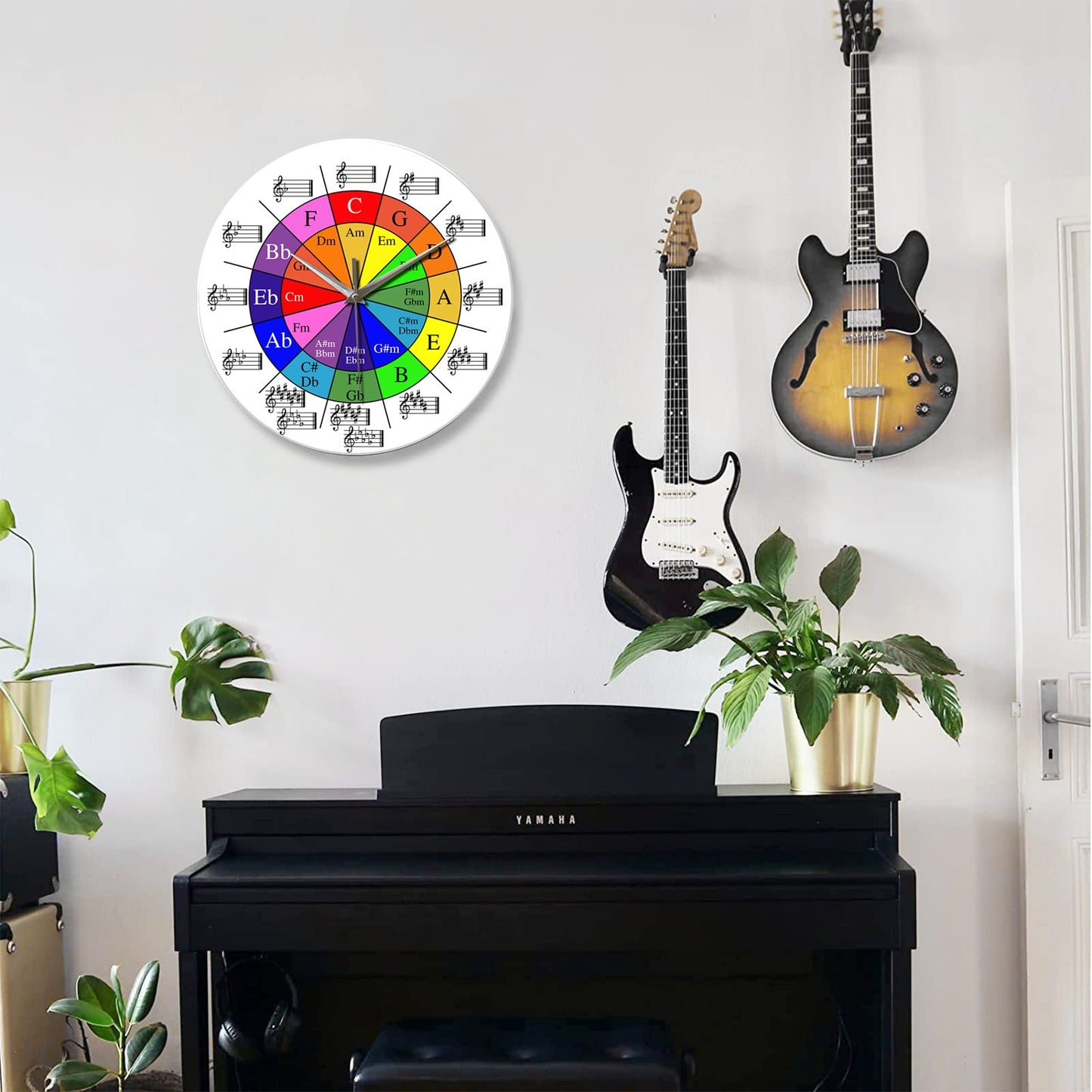 Personalized Music Five-Circle Music Theory Pattern Tempered Glass Wall Clock Living Room Bedroom Kitchen Home Decoration Wall Clock Silent Quartz Clock Holiday Gift 12 Inches 14 Inches 16inch (Without Batteries)