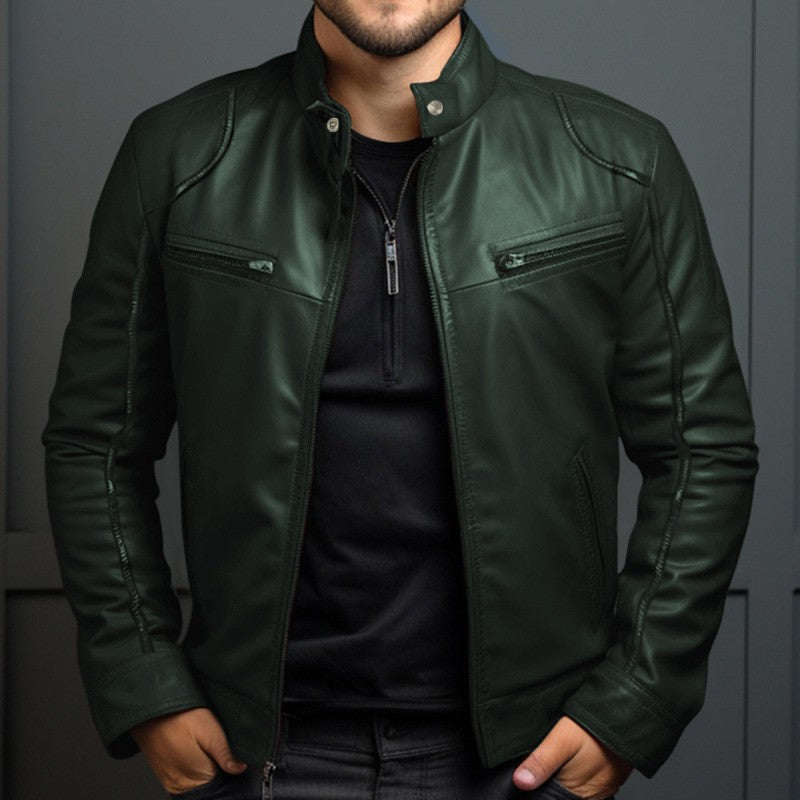 New Men's Business Leather Jacket for Autumn and Winter, Fashionable Stand Up Collar Casual Leather Jacket for Men