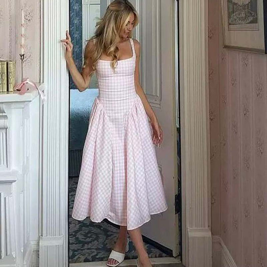 YENKYE Lace Up Bandage Plaid Sling Dress Women Elegant Square Neck Low Waist A-l