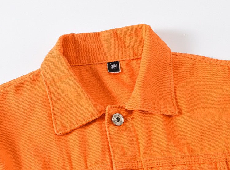 2025 Hot Sale Men's Casual Denim Jacket Korean Style Loose Cotton Handsome Tops Trend Orange Lapel Hip Hop Jean Jacket Plus Size