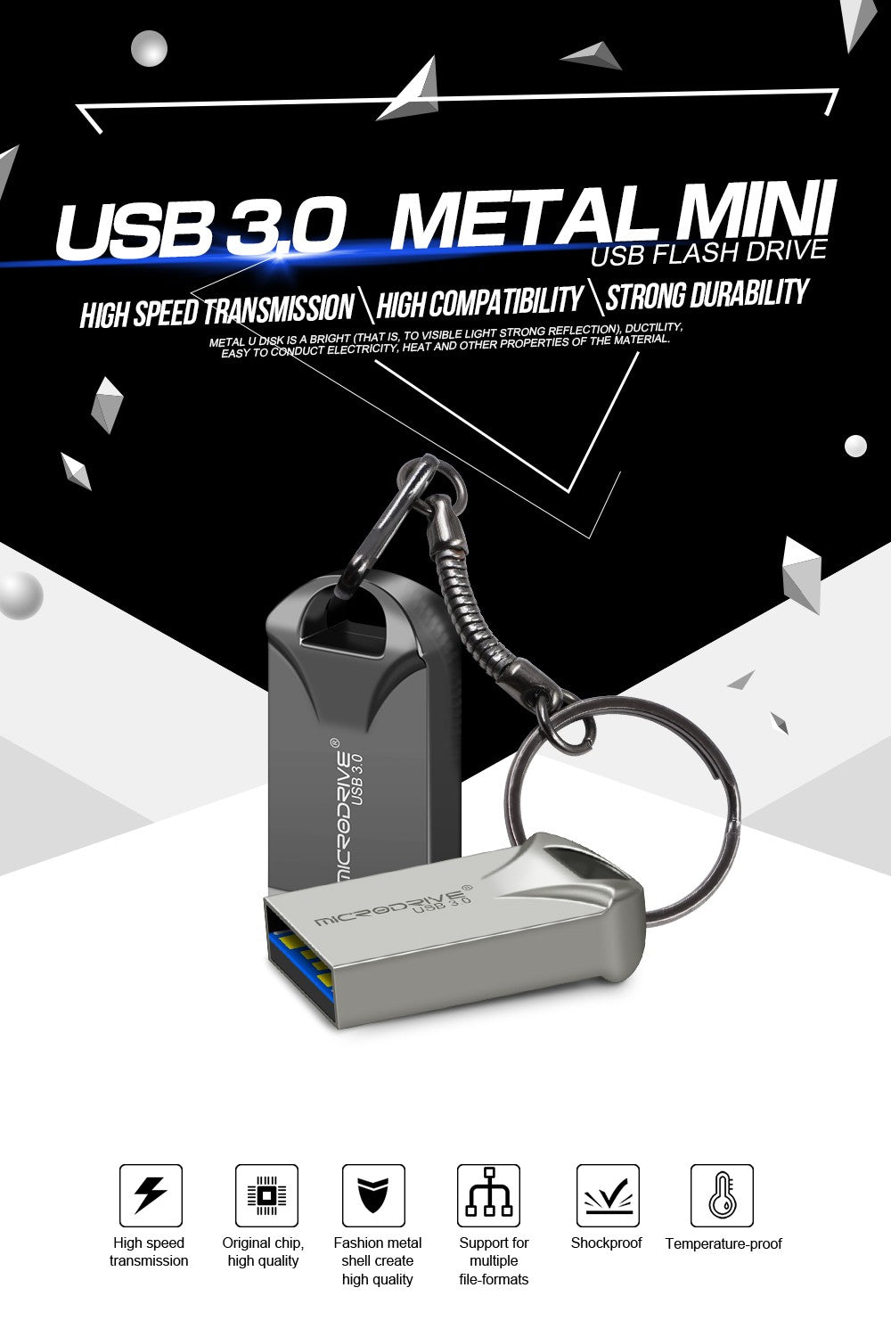 Pen Drive mini USB 3.0 128GB 64GB 32GB 16GB, memória flash de alta velocidade USB3.0, pequeno disco U com chaveiro