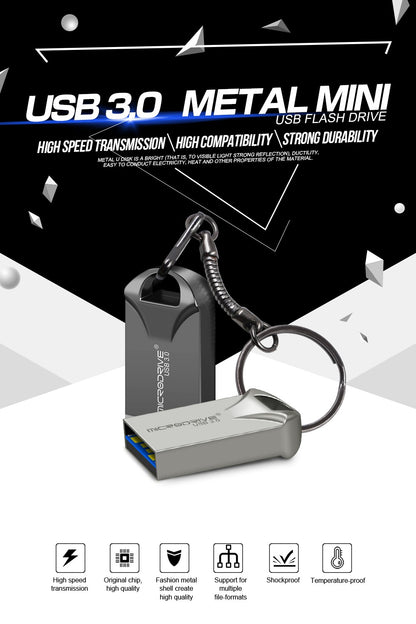 Pen Drive mini USB 3.0 128GB 64GB 32GB 16GB, memória flash de alta velocidade USB3.0, pequeno disco U com chaveiro