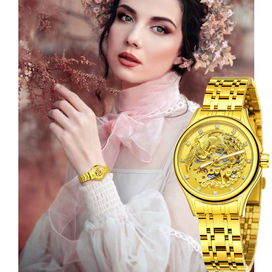 2024 Diamond Steel Skeleton Dial Golden Phoenix Women Fashion Automatic Watch Luxury Waterproof Mechanical Girl Wrist Lady Clock