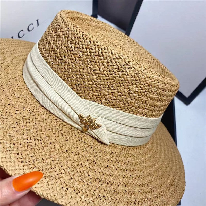 Chapéu de Palha Verão Estilo Flat Top Acessórios Abelha Chapéu de Sol Francês ao Ar Livre Protetor Solar Chapéu de Praia com Aba Grande