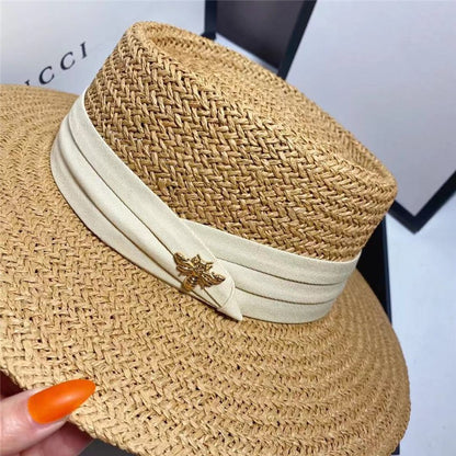 Chapéu de Palha Verão Estilo Flat Top Acessórios Abelha Chapéu de Sol Francês ao Ar Livre Protetor Solar Chapéu de Praia com Aba Grande