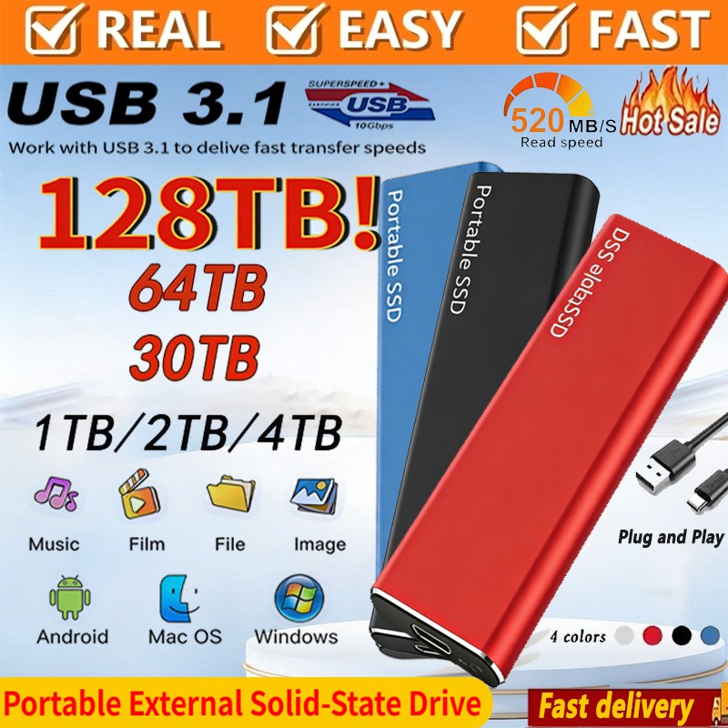 SSD de alta velocidade de 128 TB, disco rígido externo portátil, unidade de estado sólido móvel de 1 TB, disco rígido externo massivo de 2 TB e 4 TB para laptop/MAC/PC