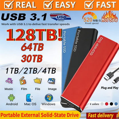 SSD de alta velocidade de 128 TB, disco rígido externo portátil, unidade de estado sólido móvel de 1 TB, disco rígido externo massivo de 2 TB e 4 TB para laptop/MAC/PC