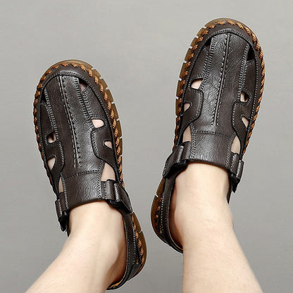 Mens Handmade Casual Leather Sandals Classic Men Beach Shoes Summer Outdoor Walking Male Sneaker Breathable Man Hollow Out Flats