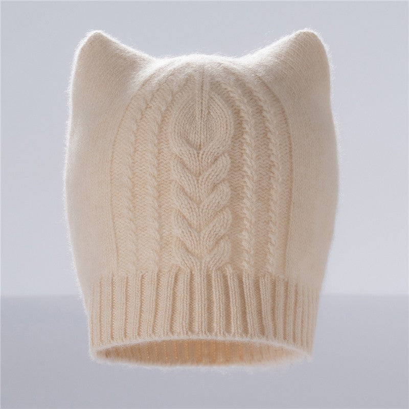 Autumn Winter Cute Hat Knitted 100% Cashmere Wool Hat Cat Ears Thickened Warm Ear Protection Knitted Beanie