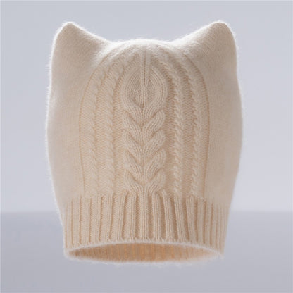 Autumn Winter Cute Hat Knitted 100% Cashmere Wool Hat Cat Ears Thickened Warm Ear Protection Knitted Beanie
