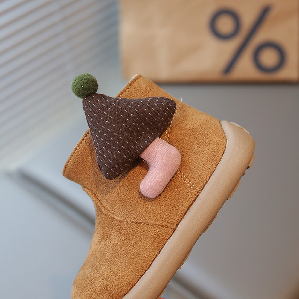 Christmas Children's Snow Boots PU Leather Vintage Girl's Plush Boots Anti-slippery Kid's Warm Padded Boots Cotton Shoes