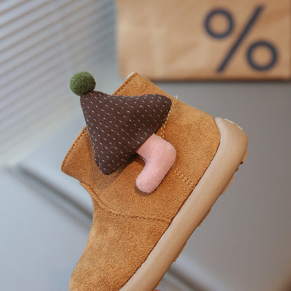 Christmas Children's Snow Boots PU Leather Vintage Girl's Plush Boots Anti-slippery Kid's Warm Padded Boots Cotton Shoes