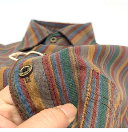 Amikaki Ethnic Style Men's Pure Cotton Colorful Stripes Shirt Loose Ancient Cargo Long Sleeved Shirt Jacket With Chest Pocket