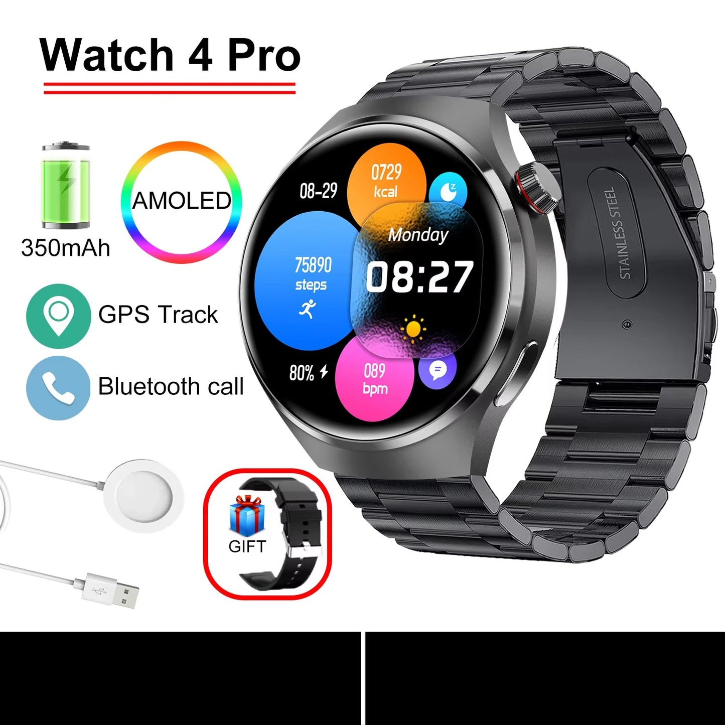 Smartwatch Masculino GT4 Pro 2026: Monitor de Saúde, à Prova D'água, Chamada BT, Tela AMOLED 360*360, Rastreamento GPS, Bússola, Novo Modelo Militar