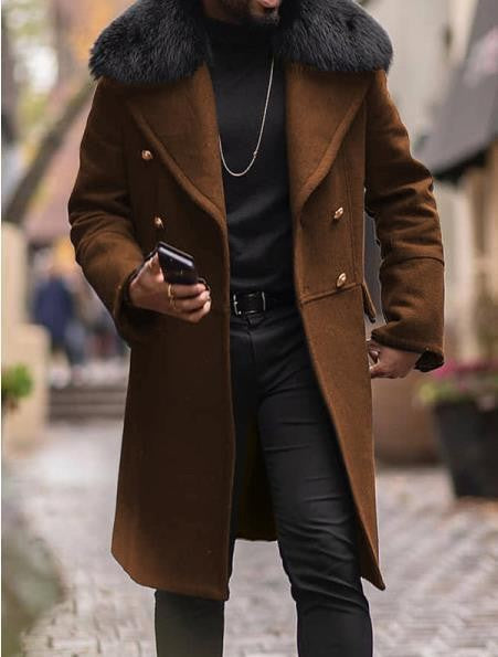 European and American Men's Casual Woolen Coat for Autumn and Winter, Young Men's Double-breasted Fur Collar Overcoat S-5XL