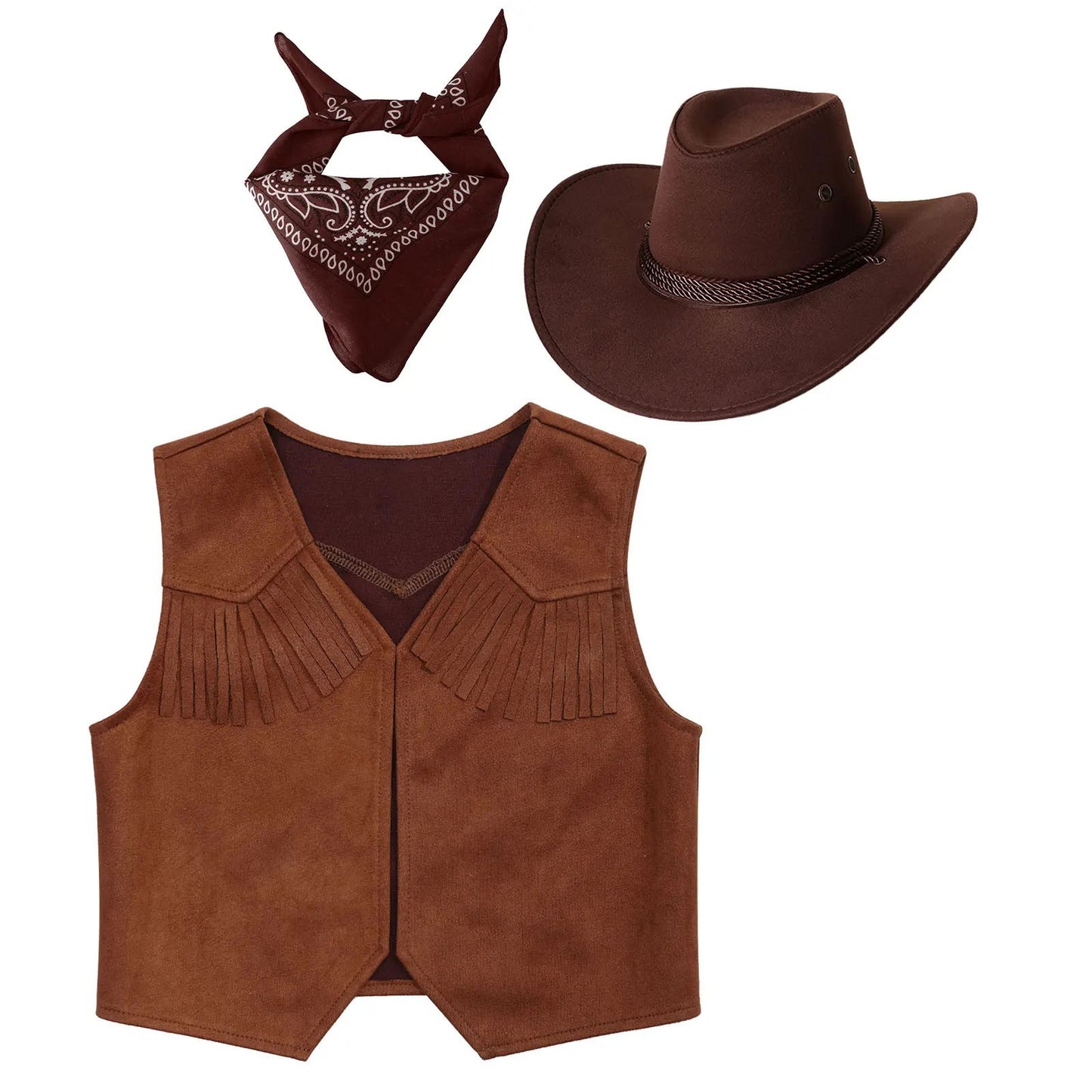Wild West Cosplay Cowboy Cowgirl Costume Halloween Dress Up Clothes New Fringe Sleeveless Vest with Bandanna Hat Set