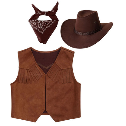 Wild West Cosplay Cowboy Cowgirl Costume Halloween Dress Up Clothes New Fringe Sleeveless Vest with Bandanna Hat Set