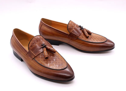 FELIX CHU Men's Genuine Leather Tassel Loafers Italian Luxury Fashion Slip-On Dress Shoes for Parties Weddings Casual Wear