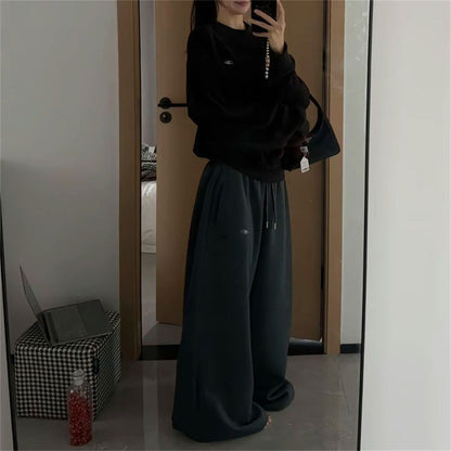 Oversize Woman Grey Black Sweatpants Y2K Korean Streetwear Loose Casual Jogger Pants High Waist All Match Drawstring Trousers