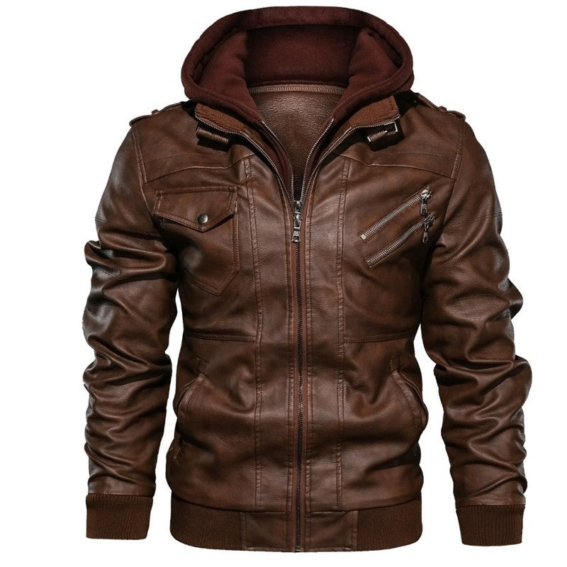 Men's Autumn Winter Casual PU Leather Hooded Zipper Warm Jackets Male Motorcycle Jacket Military Windbreaker Outdoor Coats