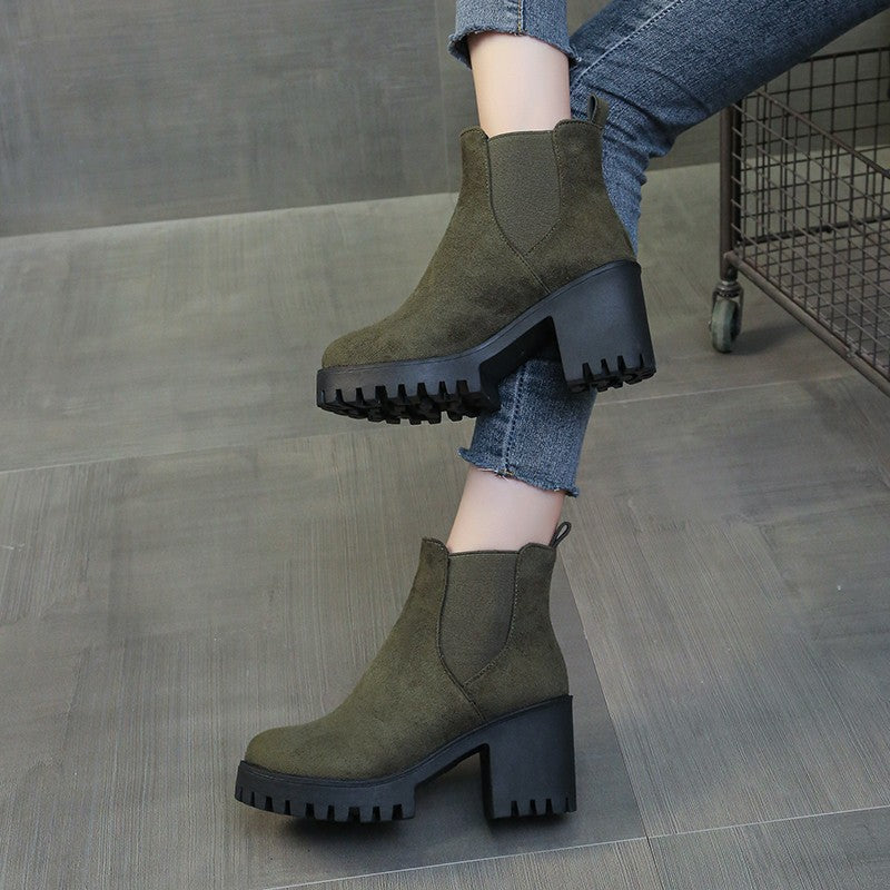 Autumn Women Suede Ankle Boots Fashion Metal Decoration Slimming Short Booties Autumn Winter Female Thick Heel Shoes D114