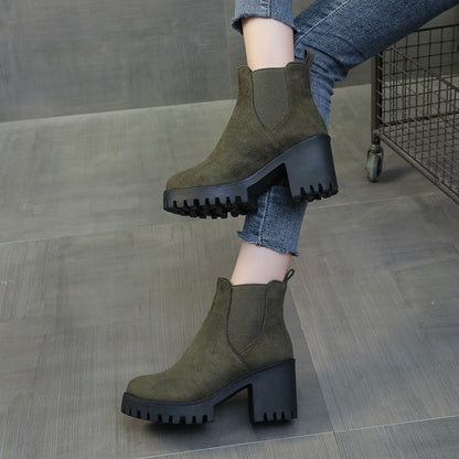 Autumn Women Suede Ankle Boots Fashion Metal Decoration Slimming Short Booties Autumn Winter Female Thick Heel Shoes D114