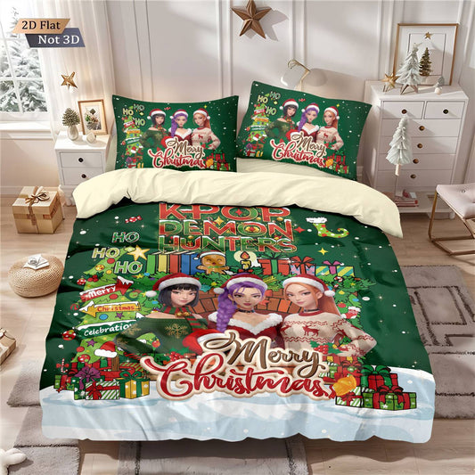 3pcs Christmas K-Pop Demon Hunters print coreless duvet cover set multi size bedroom bedding holiday decoration machine washed