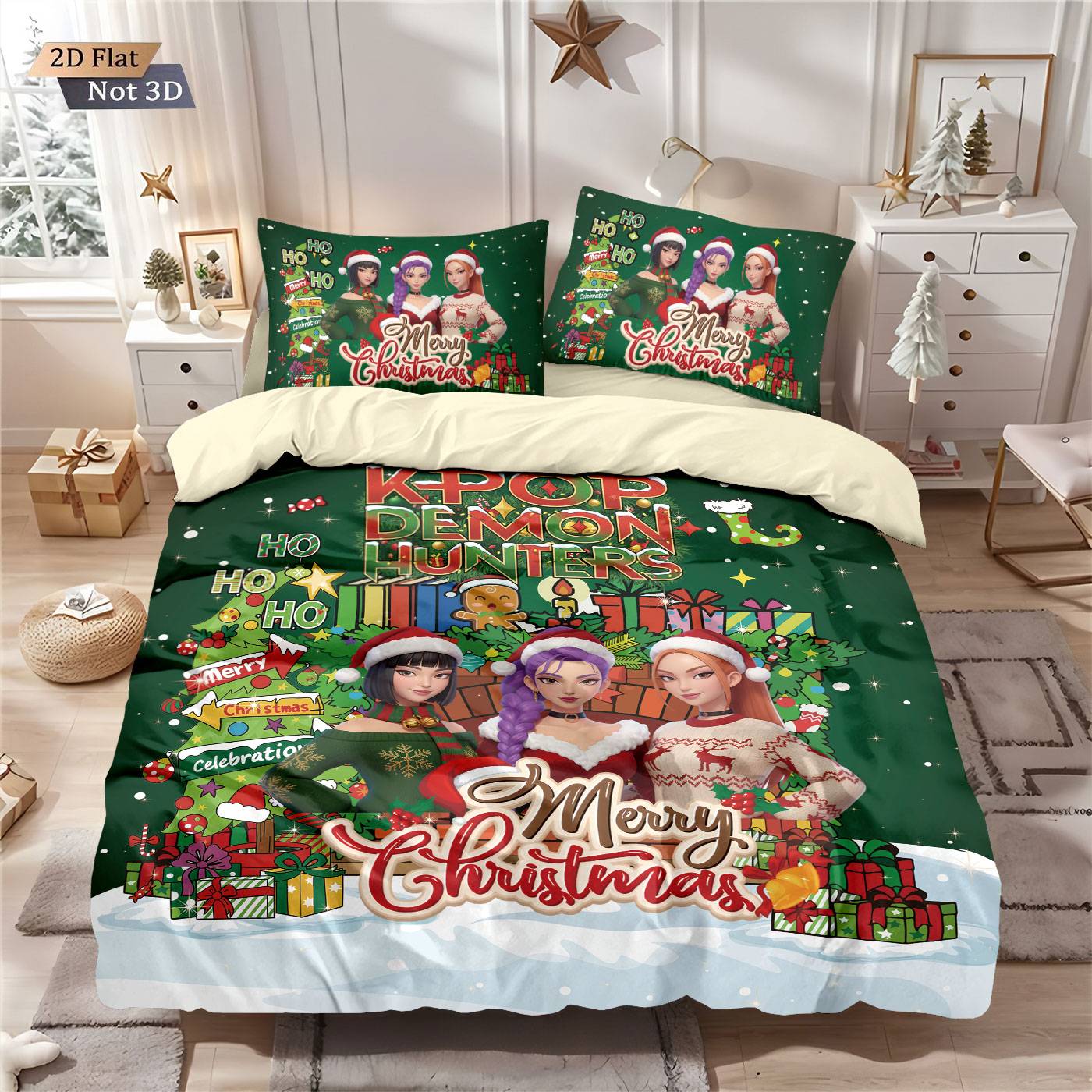 3pcs Christmas K-Pop Demon Hunters print coreless duvet cover set multi size bedroom bedding holiday decoration machine washed