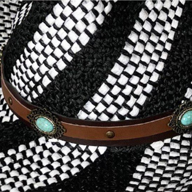 Ethnic Style Contrast Color Straw Cowboy Hat Mens Wide Brim Western Caps with Belt for Outdoor Party Vacation Sun Hats