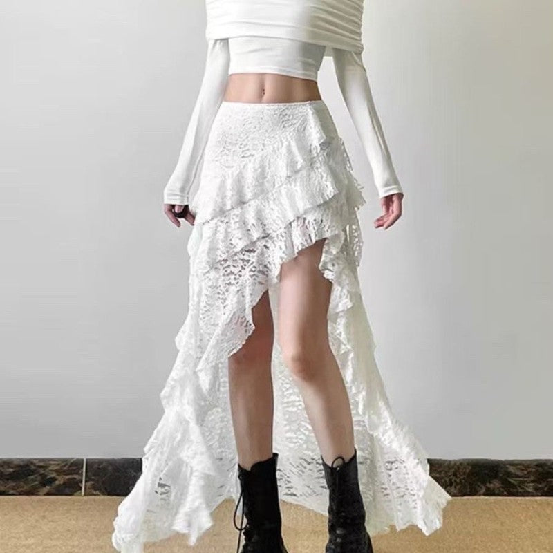 Sexy High Waist Lace Ruffles Skirts Women 2025 Spring Irregular Y2k Skirts Women Fashion Black Patchwork Party Clubwear Gothic