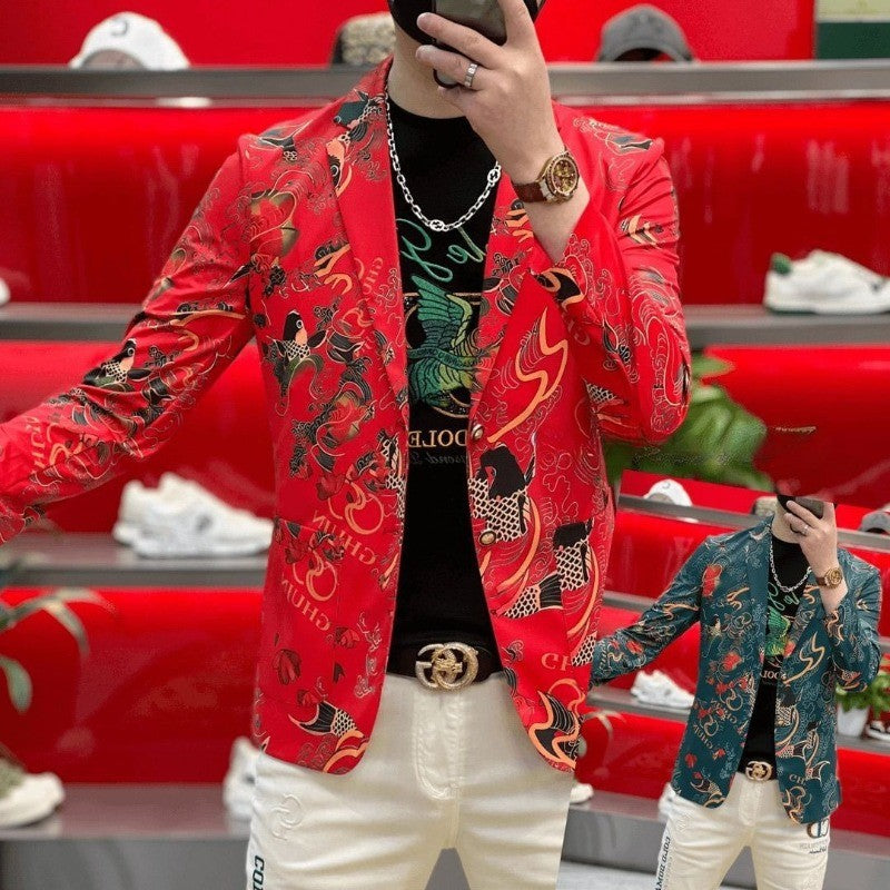 Spring and Summer Suits, Elastic, Luxurious, Koi Men's Slimming, High-end Ironing, Casual, Fashionable and Individual Outerwear