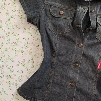 Y2k retro solid color denim material women T-shirt single-row button Harajuku slim short denim shirt casual top