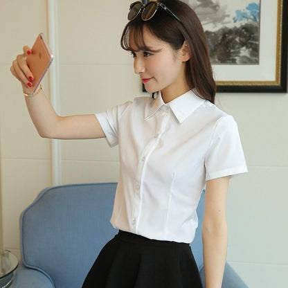 Korean Fashion White Shirt Women Autumn Short Sleeve Blouse Slim Office Lady Tops Women's Shirt S-5XL Student Shirt Women's Wear