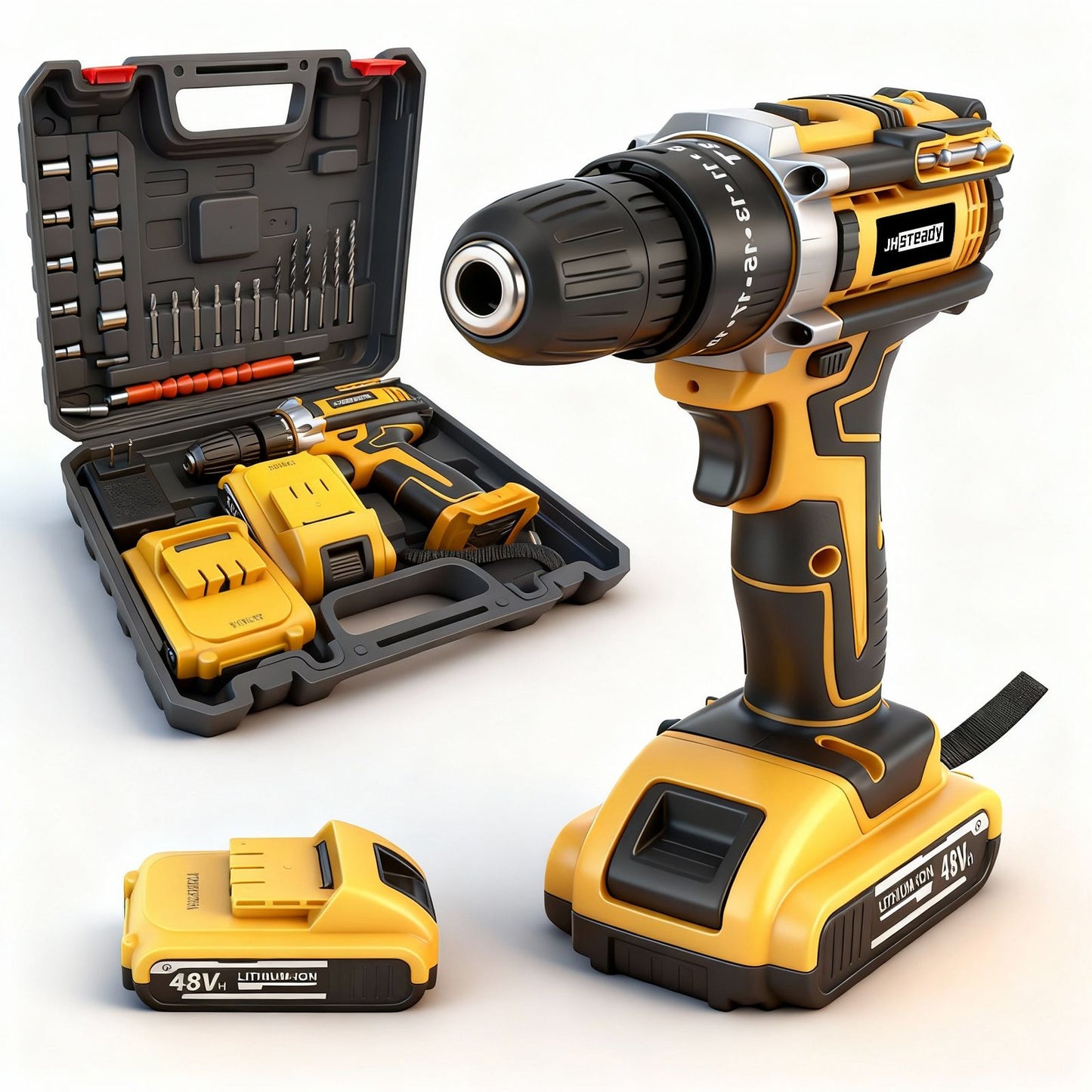 Furadeira Parafusadeira a Bateria 48V - 25+3 Níveis de Torque, Motor Brushless, 1500RPM, 2 Baterias, Luz LED, Conjunto Completo de Furadeira e