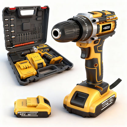 Furadeira Parafusadeira a Bateria 48V - 25+3 Níveis de Torque, Motor Brushless, 1500RPM, 2 Baterias, Luz LED, Conjunto Completo de Furadeira e