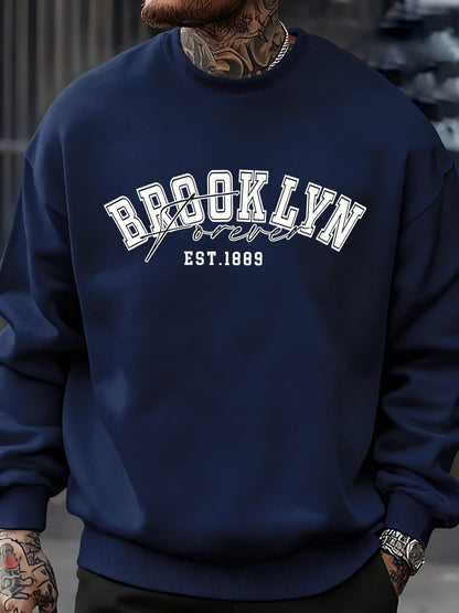 Brooklyn Forever Letter Design Men Sweatshirt Fleece Soft Clothes Trendy Loose All-Match Streetwear Crewneck Fashions Pullover