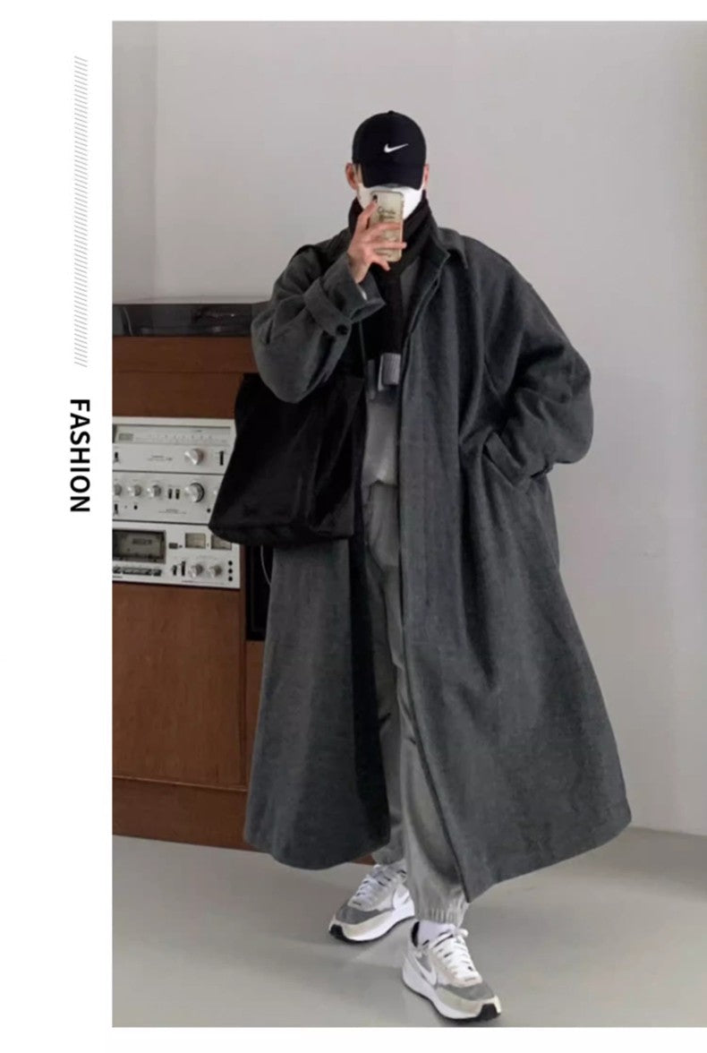 Mauroicardi Autumn Winter Long Warm Grey Black Slouchy Woolen Coat Men Single Breasted Loose Casual Wool Blends Overcoat 2023