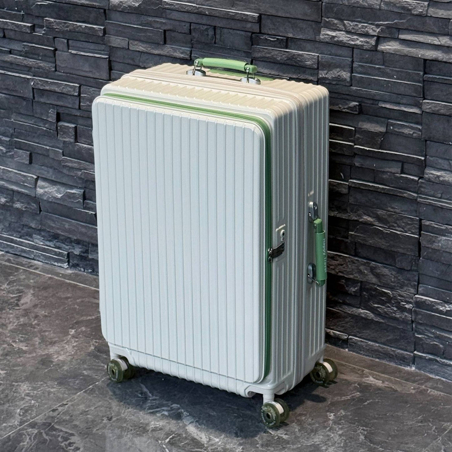 1-Piece Set of Front-Opening Suitcase with Jelly Wheels, Trolley Case with 5cm Expansion Layer, Leather Handle, Luggage with Phone Holder, Foldable Cup Holder, Side Hook Function, Customs Lock, Suitable for Outdoor Beach Vacations and Long-Distance Travel