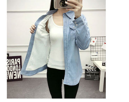 2022 Casual winter Autumn warm thick fleece denim Blouses Women Ladies Tops Women Blouses Long Sleeve Shirt clothe S-3XL