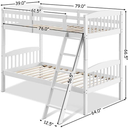 Twin Over Twin Bunk Beds, Convertible Into Two Individual Solid Rubber Wood Beds, Space Saving Design,