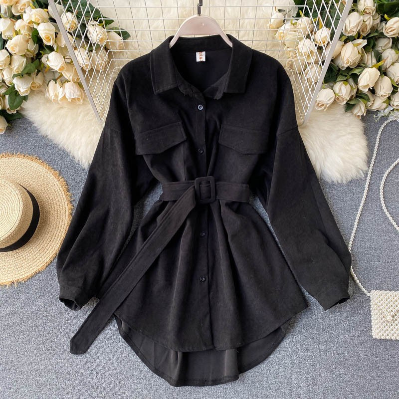 Women Spring Autumn Shirts Retro Cargo Style Pockets Long-Sleeved Shirt Puff Sleeve Bandage Nipped Waist Tops Female PL438