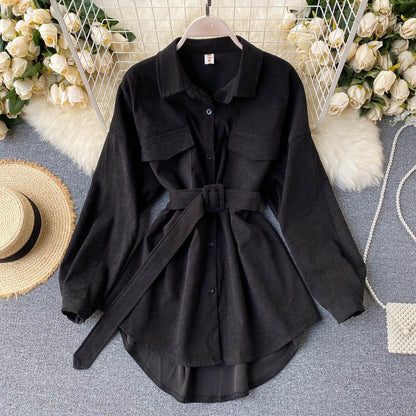 Women Spring Autumn Shirts Retro Cargo Style Pockets Long-Sleeved Shirt Puff Sleeve Bandage Nipped Waist Tops Female PL438