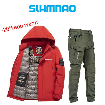 Conjunto de Terno de Pesca Masculino de Inverno 2025, Novo, Quente, Jaqueta Grossa Corta-Vento para Atividades ao Ar Livre, Calças de Algodão Quentes Resistentes ao Frio e à Neve