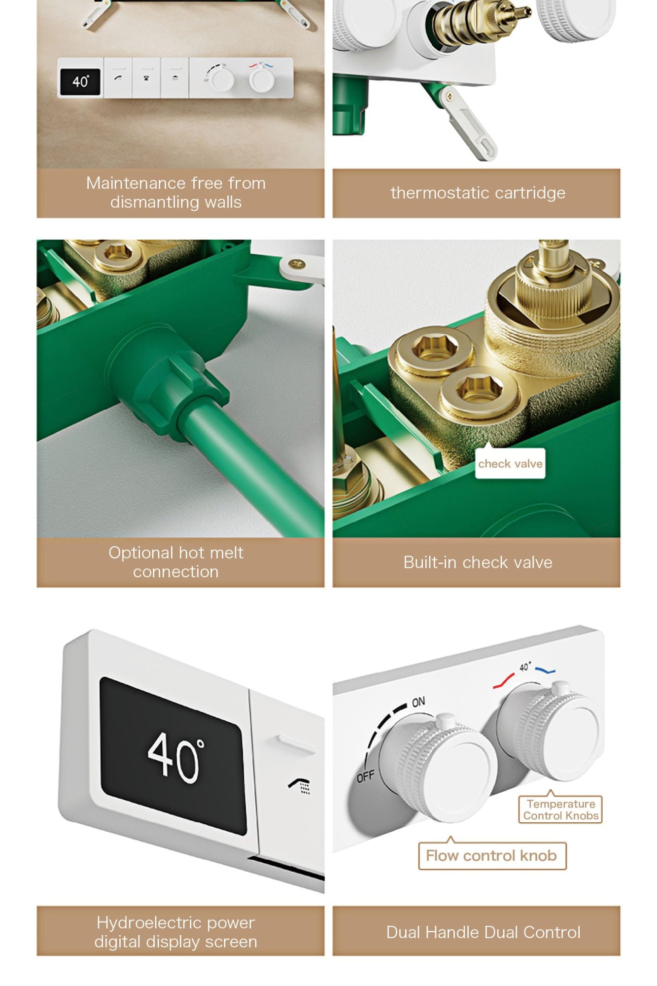 Sistema de chuveiro digital inteligente de latão branco luxuoso com design oculto Controle duplo de água quente e fria Torneira de parede