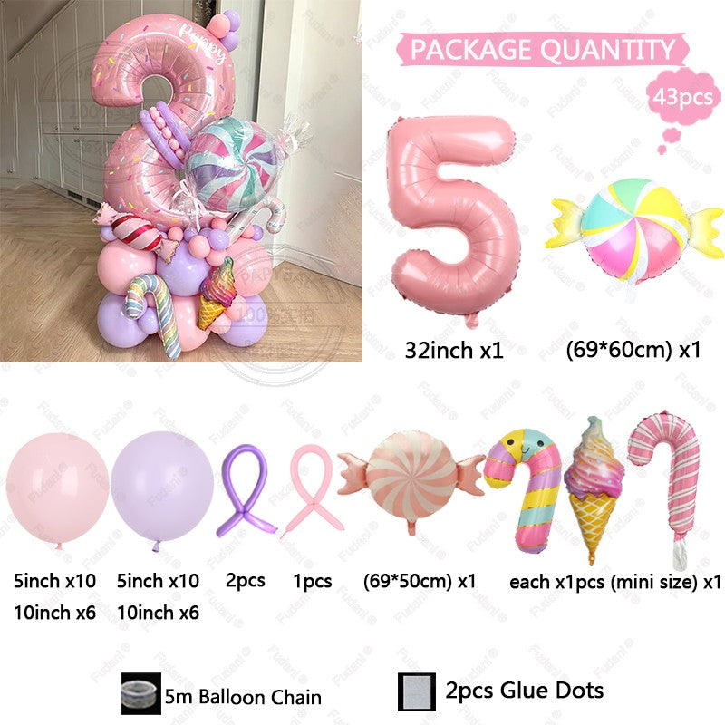 Sweet Pink Lollipop Theme Balloon Column with 32inch Number IcecreamHappy Birthday Party Decora Gifts Supplies