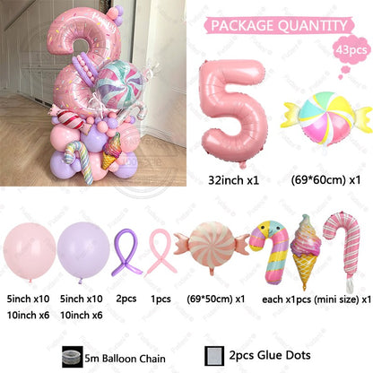 Sweet Pink Lollipop Theme Balloon Column with 32inch Number IcecreamHappy Birthday Party Decora Gifts Supplies